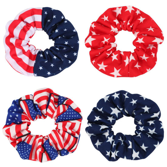 Picture of American Flag Elastic Hair Ties for Women Girls Kids Independence Day 4th of July Hair Scrunchies Red White Blue Star Patriotic USA Hair Tie Pony tails Hair Accessories