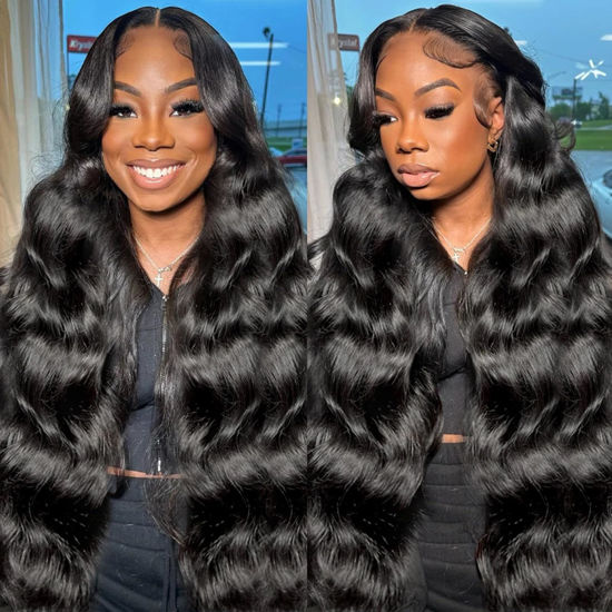 Picture of 32 Inch Body Wave Lace Front Wigs Human Hair Pre Plucked 13x6 HD Transparent Lace Frontal Wigs Human Hair 180% Density Brazilian Virgin Human Hair Wig for Women with Baby Hair