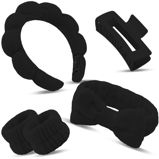 Picture of Canitor Sponge Spa Headbands Wristband Set with Hair Clips Skincare Headbands for Washing Face Non Slip Puffy Terry Cloth Makeup Headband Face Wash Wrist Bands Cute Trendy Stuff (black)