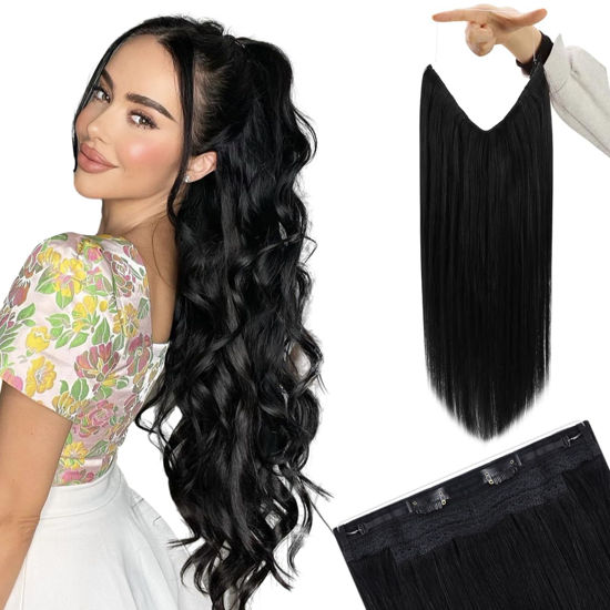 Picture of YoungSee Wire Real Hair Extensions, Jet Black Fish Line Hair Extensions, Remy Human Hair Wire Extensions, Black Wire Real Human Hair Extensions Black, Straight Hair Wire Extensions 20Inch 100G