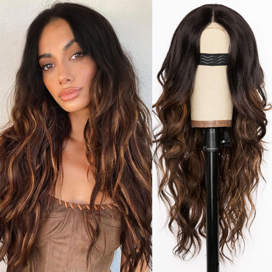 Picture of AISI HAIR Wig for Women, Long Wavy Brown with Blonde Highlight Lace Hairline Wig, Middle Part Synthetic Heat Resistant Wig for Daily Party