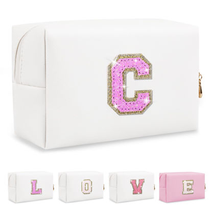 Picture of Small Initial Patch Makeup Bag Personalized Gifts Make Up Bag,White Cute PU Leather Glitter Letter Cosmetic Bag with Zipper,Trendy Portable Travel Toiletry Pouch,Preppy Stuff for Teen Girls Women C