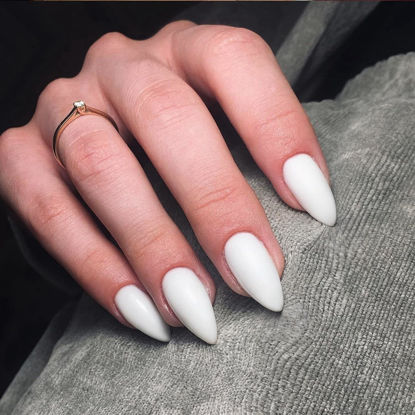 Picture of All White Press on Nails Medium Stiletto Almond,KQueenest Matte Pure Color Acrylic Nails Set Reusable Fake Nails with Feature Protective UV Coating for Women Nail Art Manicure in 24PCS