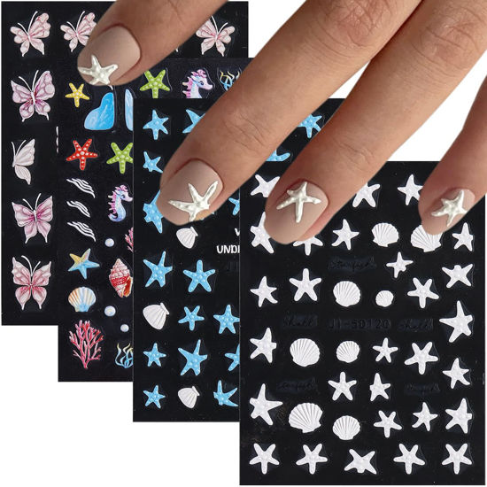 Picture of Fcozpjk Summer Ocean Nail Stickers, Starfish Seashell Sea Horse Coral Nail Decals, 4 Sheets 5D Embossed Vacation Nail Art Stickers, Self-Adhesive Pegatinas Uñas, Beach Stickers Holiday Manicure