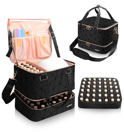 Picture of Sambois Nail Polish Organizer Bag Holds 54 Bottles (15ml/0.5 fl.oz)& Nail Lamp, PU Leather Nail Supplies Organizer with Holder& Shoulder Strap, Portable Travel Nail Kit Storage Carrying Case (Black)