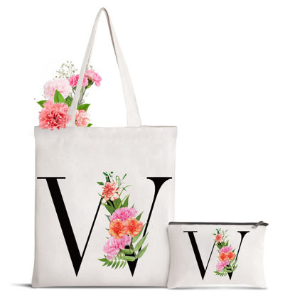Picture of Sanuurfky Personalized Initial Canvas Tote Bag Letter Makeup Bag Monogrammed Present Bag Gift for Women Mom Bridesmaids Teacher Birthday Wedding Holiday Shopping Travel Mother Valentine's Day