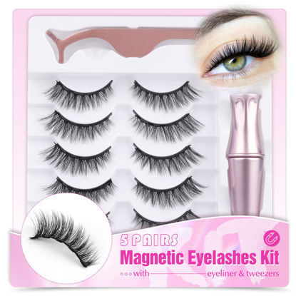 Picture of Magnetic Eyelashes with Eyeliner 5 Pairs Eyelashes Natural Look Cat Eye Lashes Magnetic Lashes with Applicator and Magnetic Eyeliner Waterproof Reusble Lashes Kit by Mavphnee