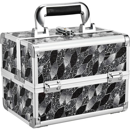 Picture of Joligrace Makeup Train Case Portable Makeup Organizer Case 2 Trays Makeup Box with Mirror Locking for Makeup Artist Nail Supplies Sewing Craft Case Modern Style