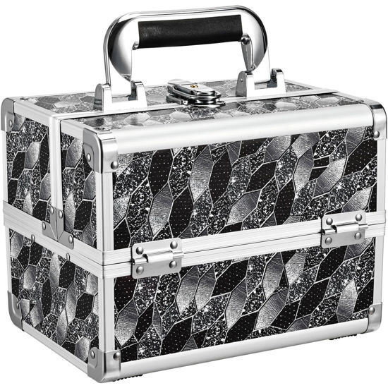 Picture of Joligrace Makeup Train Case Portable Makeup Organizer Case 2 Trays Makeup Box with Mirror Locking for Makeup Artist Nail Supplies Sewing Craft Case Modern Style