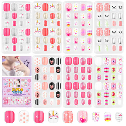 Picture of SAVILAND 168 Pieces Press on Nails for Kids 7 Pack Kids Fake Nails Stick on Nails Pre-glue Full Cover Short Acrylic Nail Tips for Children Glitter False Nails with Designs for 8-12 Year Old Kids Girls
