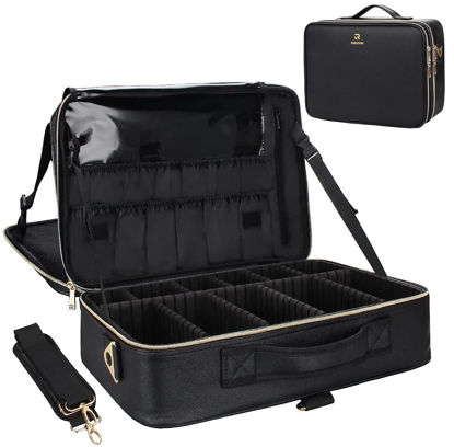 Picture of Relavel Makeup Case Large Makeup Bag Professional Train Case 16.5 inches Travel Cosmetic Organizer Brush Holder Waterproof Makeup Artist Storage Box, 3 Layer Large Capacity, with Adjustable Strap