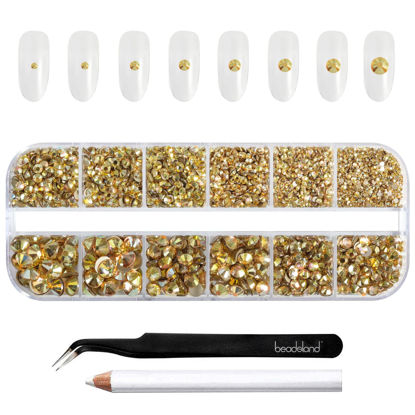 Picture of Beadsland Rhinestones for Makeup,8 Sizes 2500pcs Gold Flatback Rhinestones Face Gems for Nails Crafts with Tweezers and Wax Pencil,Metal Sunlight,SS4-SS30