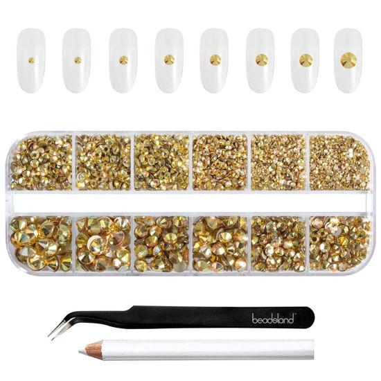 Picture of Beadsland Rhinestones for Makeup,8 Sizes 2500pcs Gold Flatback Rhinestones Face Gems for Nails Crafts with Tweezers and Wax Pencil,Metal Sunlight,SS4-SS30