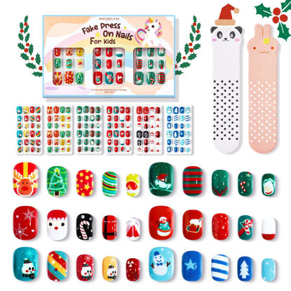 Picture of Modelones Christmas Press on Nails for Kids 144Pcs 6 Pack Children Girls Toys 8-10 Acrylic Fake Nails Pre-glue Full Cover Snowflake Red Xmas Short False Nail Art Kits Sets Gifts For Kids Girls