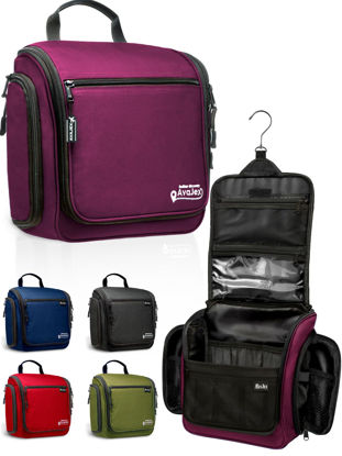 Picture of AvaJex Large Hanging Toiletry Organizer - Travel Toiletry Bag for Men and Women - Waterproof Hygiene Bag with Metal XXL Swivel Hook, Sturdy Zippers and 19 Compartments for Toiletries, Makeup (Purple)