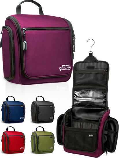 Picture of AvaJex Large Hanging Toiletry Organizer - Travel Toiletry Bag for Men and Women - Waterproof Hygiene Bag with Metal XXL Swivel Hook, Sturdy Zippers and 19 Compartments for Toiletries, Makeup (Purple)