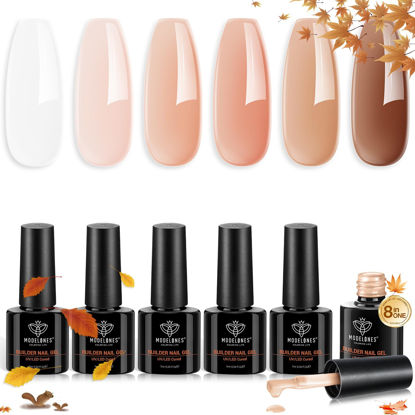 Picture of modelones Builder Nail Gel 8-in-One, 6 Colors Gel Builder Set for Nail Thickening, Nude Brown Hard Gel Builder Nail Polish Color Gel Nail Strengthener Fall Winter LED Nail Lamp Cured Color Base