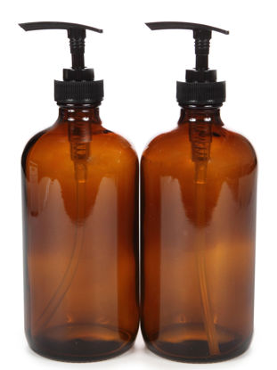 Picture of Vivaplex, 2, Large, 16 oz, Empty, Amber Glass Bottles with Black Lotion Pumps