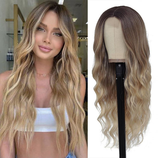 Picture of HMHIFI Long Ombre Blonde Wigs for Women 26 inch Long Wavy Middle Part Wig Ombre Blonde Wigs Upgraded Protein Fiber Hair Replacement Wig Cosplay Costume Halloween Wig(26'' Brown Ombre Blonde)