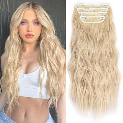 Picture of ALXNAN Clip in Hair Extension,Long Wavy Blonde Hair Extensions, 24 Inch 4PCS Thick Hairpieces Fiber Double Weft Hair for Women
