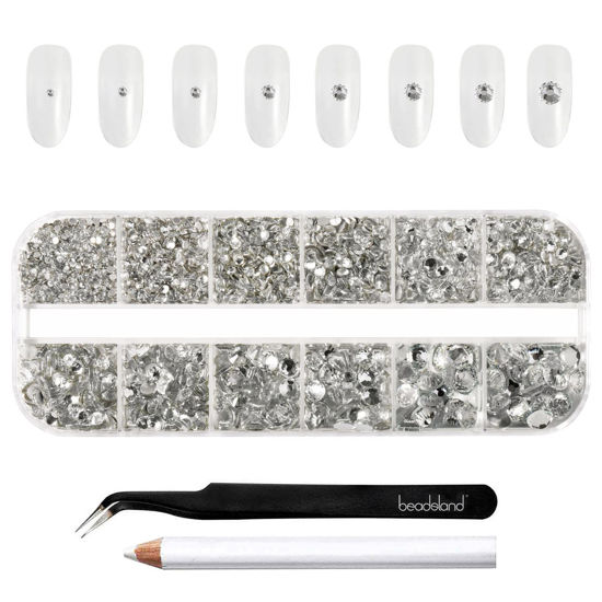 Picture of Beadsland Rhinestones for Makeup,8 Sizes 2500pcs Crystal Flatback Rhinestones Face Gems for Nails Crafts with Tweezers and Wax Pencil,Clear,SS4-SS30