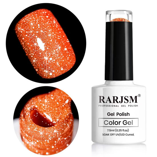 Picture of RARJSM Orange Gel Nail Polish, 1Pcs 7.5ml Orange Color Reflective Gel Polish Soak Off Gel Polish Neons Spring Summer Color Diamond Shimmer Gel Nail Art Manicure Salon DIY at Home