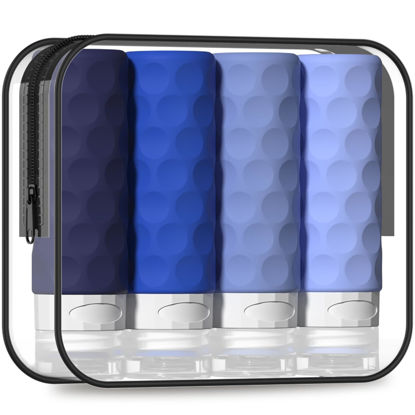 Picture of Silevoler Travel Bottles for Toiletries, 4pcs Tsa Approved 3oz Travel Size Containers, BPA Free Leak Proof Premium Silicone Bottles, Refillable Liquid Squeezable Accessories W/Toiletry Bag (Blue)