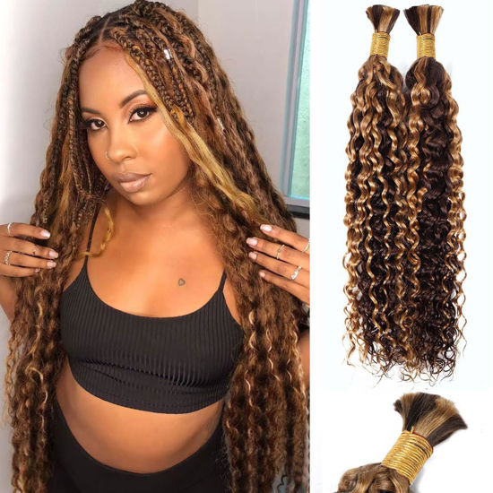 Picture of Ombre Human Braiding Hair Water Wave Bulk Human Hair 100g 14 Inch P4/27 Curly Human Hair for Boho Braids Hair Extensions No Weft 2 Braids Per Pack Wet and Wavy Human Hair Braiding Hair Highlight
