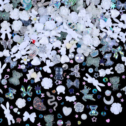 Picture of Sinyanail 300pcs Nail Art Charms Kit,Over 100pcs Mixshape Resin Nail Gems and 100 pcs Mixed Flatback Nail Rhinestones Pearls with Over 100pcs Nail Sequins for Nail Art Accessories(White)