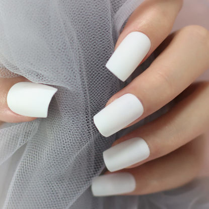 Picture of Pure Color Matte Press on False Nails Medium Long Square Solid White Fake Nails Art Tips for Girls Women Daily Office Finger Wear