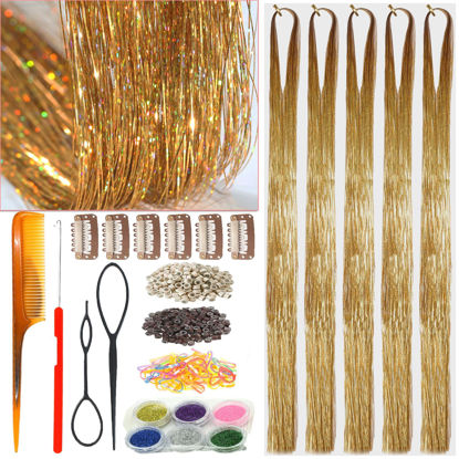 Picture of CelineBella Champagne Gold Hair Tinsel Kit with Tools Fairy Hair Tinsel Hair Extensions Glitter Sparkling Shiny Hair Tensile Hair Accessories for Girls Women