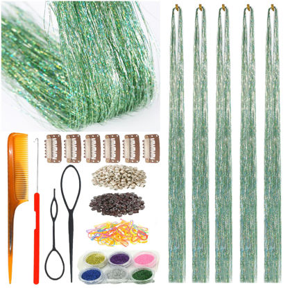 Picture of CelineBella Green Hair Tinsel Fairy Hair Extensions Kit Sparkling Shiny Highlights Glitter Light Green Tinsel Hair Extensions for Women Girls Children