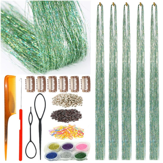 Picture of CelineBella Green Hair Tinsel Fairy Hair Extensions Kit Sparkling Shiny Highlights Glitter Light Green Tinsel Hair Extensions for Women Girls Children