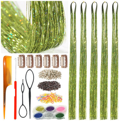Picture of CelineBella Green Hair Tinsel Fairy Hair Extensions Kit Sparkling Shiny Highlights Glitter Fresh Green Tinsel Hair Extensions for Women Girls Children