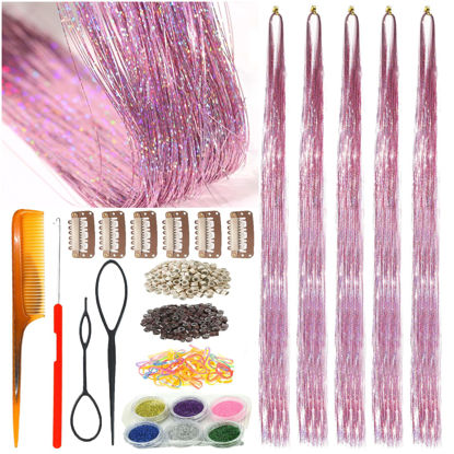 Picture of CelineBella Pink Hair Tinsel Fairy Hair Extensions Kit Sparkling Shiny Highlights Glitter Light Pink Tinsel Hair Extensions for Women Girls Children