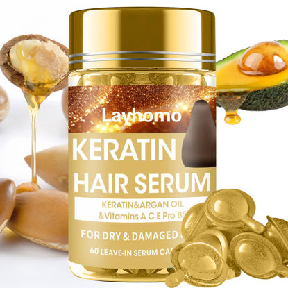 Picture of Keratin Hair Treatment Serum,60 Capsules Hair Treatment Oil for Dry Damaged Hair,Hair Oil with Keratin,Argan Oil-Leave-in Anti Frizz Conditioner with Vitamins A, C, E & B5- No Rinse for All Hair Types