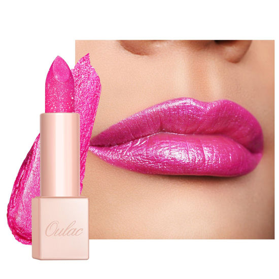 Picture of Oulac Pink Shimmer Lipstick for Women, Infinity High Shine Finish, Hydrating Lip Color Infused with Damask Rose Oil for All-Day Comfort, Gluten-Free Vegan Beauty, D02 Sparkle Sensation