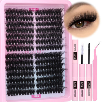 Picture of Lash Extension Kit Fluffy Lash Clusters Kit 280pcs Volume Eyelash Extension Kit 100D/150D 2 Styles Eyelash Clusters Kit Bond and Seal Lash Glue with Tweezers Thick Individual Lashes Kit by Ruairie