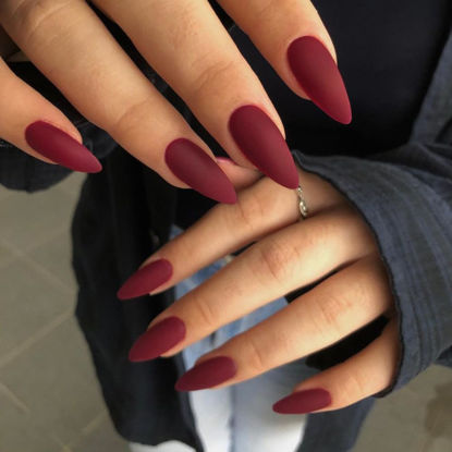 Picture of KQueenest Matte Wine Red Press on Nails Medium Almond, Pure Color Stiletto Acrylic Nails Press on, Medium Fake Nails for Women Winter Wear, Natural Glue Nails Manicure in 24 Pcs