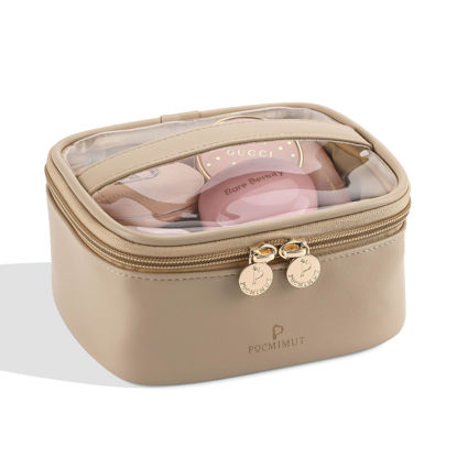 Picture of Pocmimut Makeup Bag,PU Leather Clear Makeup Bag Travel Makeup Bag Car Essentials for Women,Travel Essentials Cosmetic Bag Organizers(Apricot)