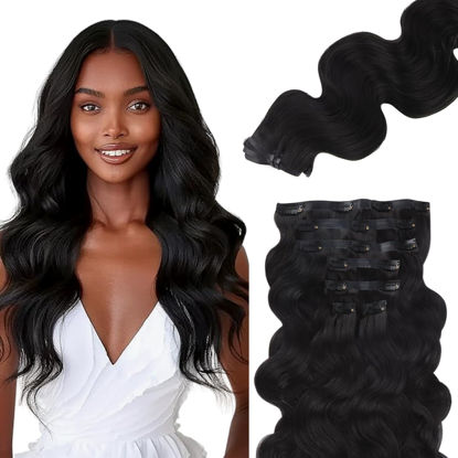 Picture of Lashey Seamless Clip in Hair Extensions Human Hair #1 Jet Black Body Wave Clip in Hair Extensions Real Human Hair 7pcs 110g 24 Inch PU Weft Natural Hair Extensions for Women