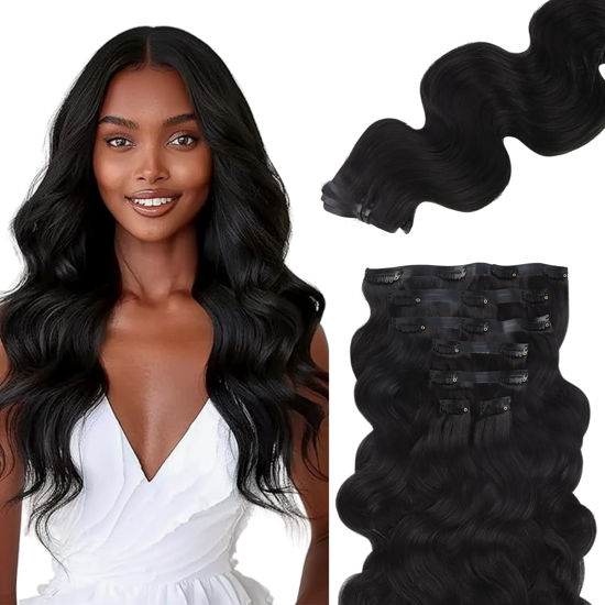 Picture of Lashey Seamless Clip in Hair Extensions Human Hair #1 Jet Black Body Wave Clip in Hair Extensions Real Human Hair 7pcs 110g 24 Inch PU Weft Natural Hair Extensions for Women