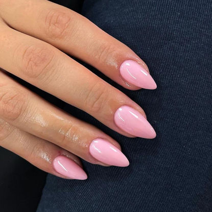 Picture of KQueenest Baby Pink Press on Nails Medium Almond Stiletto, Glossy Gel Fake Nails Medium Pure Color, Acrylic Nails Press on Feature Protective UV Coating in 24 Pcs