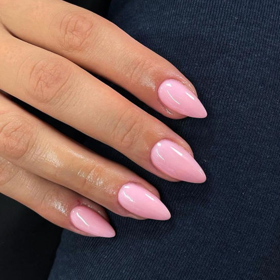 Picture of KQueenest Baby Pink Press on Nails Medium Almond Stiletto, Glossy Gel Fake Nails Medium Pure Color, Acrylic Nails Press on Feature Protective UV Coating in 24 Pcs