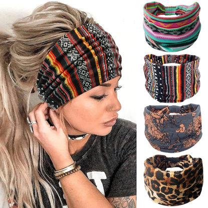 Picture of YONUF Wide Boho Headbands for Women Fashion Knotted Headband Yoga Workout African Head Wrap 4 Pack
