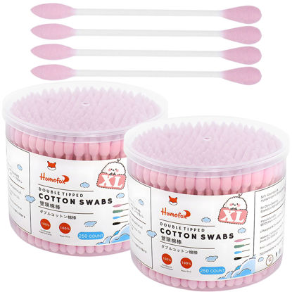 Picture of HOMEFOX XL Pink Thick Cotton Swabs Pointed Precision - 500 Count Extra Large - Pointy Organic Cotton Buds Double Side Tightly Wrapped Cotton Tips Paper Stick Cruelty-Free, XL Pointy & Round Pink
