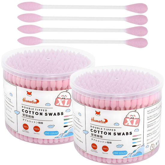 Picture of HOMEFOX XL Pink Thick Cotton Swabs Pointed Precision - 500 Count Extra Large - Pointy Organic Cotton Buds Double Side Tightly Wrapped Cotton Tips Paper Stick Cruelty-Free, XL Pointy & Round Pink