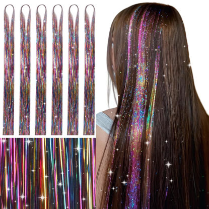 Picture of WENNALIFE Hair Tinsel for Girls, Mix 3 Colors Fairy Hair Tinsel Kit 1200 Strands 6PCS 48 Inch Heat Resistant Glitter Tinsel Hair Extensions Kit Christmas Hair Feathers Tinsel for Hair Sparkle Strands