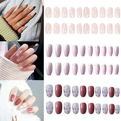 Picture of 3 Packs (72 Pcs) Short Almond Press on Nails Medium Length, Acrylic Fake Nails, Cute Flower Design Glossy Full Cover Set Short Press on Nails with Glue and File for Women and Girls