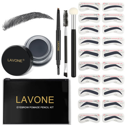 Picture of LAVONE Eyebrow Stamp Stencil Kit for Eyebrows, Brow Stamp Trio Kit with Waterproof Eyebrow Pencil, Eyebrow Pomade, 20 Eyebrow Stencils, Dual-ended Eyebrow Brush and Sponge Applicator - Dark Black